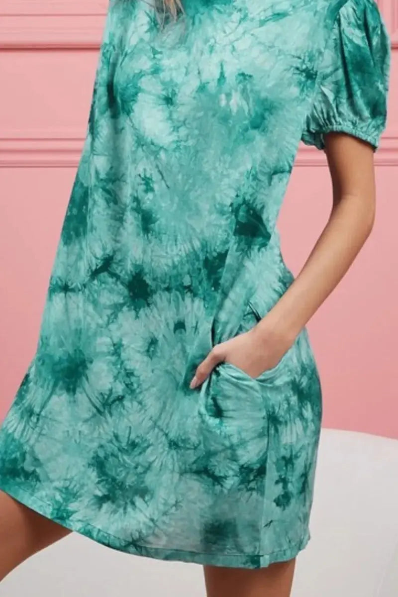 BiBi Puff Sleeve With Side Pockets Tie Dye Dress For Women - Love Salve